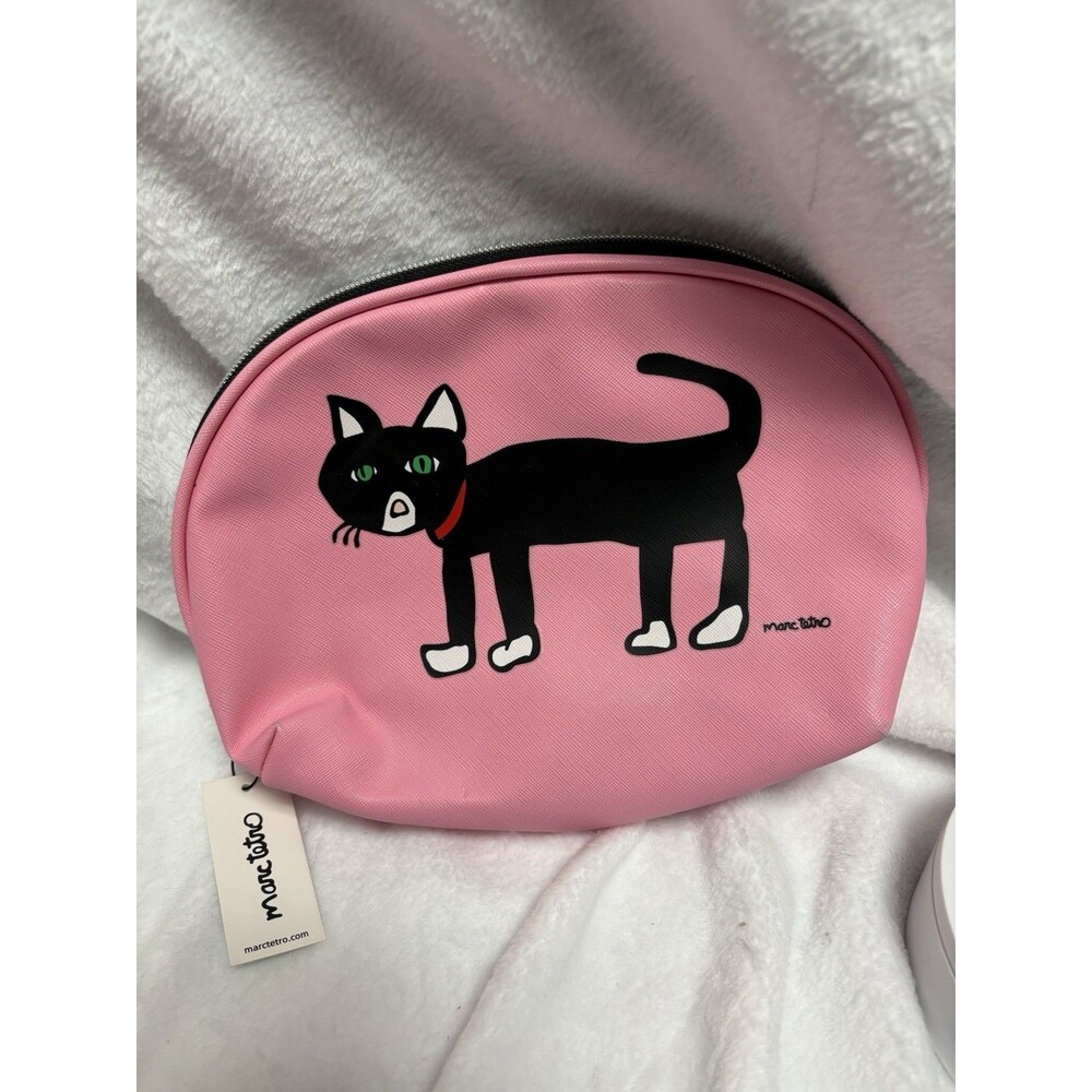 Marc Tetro Black Cat Pink Cosmetic Makeup Bag Zip Pouch Striped Lining NWT